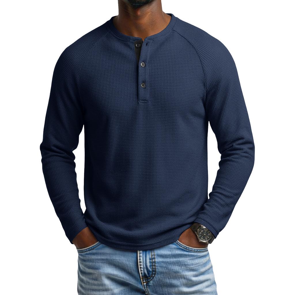 Men's Round Neck Long Sleeve Raglan T-Shirt with Button Placket for Casual Athletic Everyday Wear