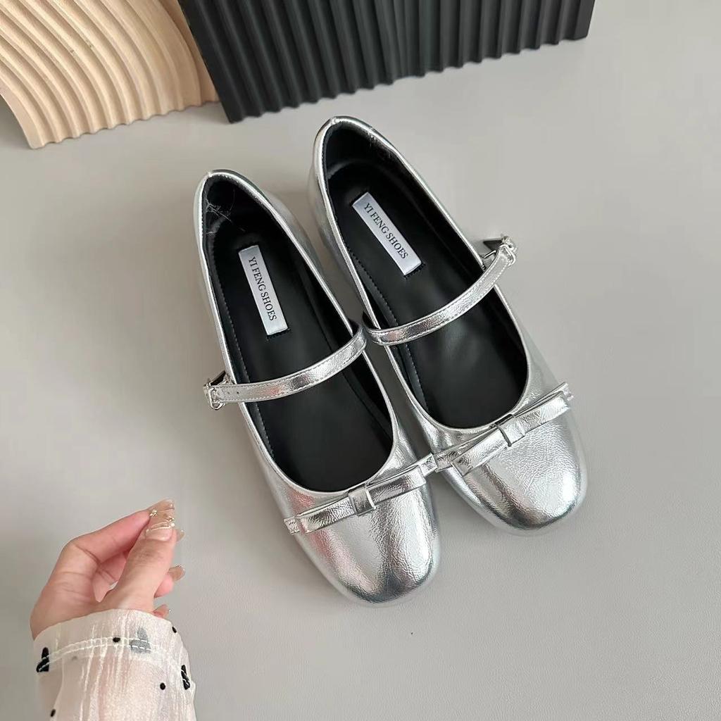 Nude Sweet Height Increase of 4 Cm Girl Age Reduction Word with Mary Jane Round Head Light Mouth Bow French Shoes