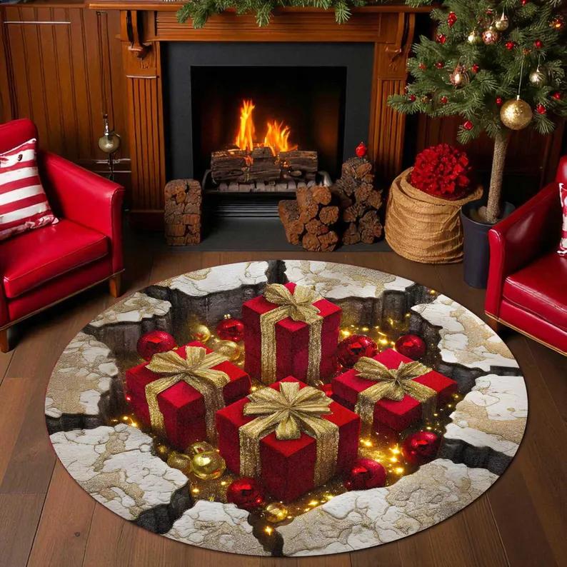 Christmas Gnome 3D Illusion Rug Festive Geometric Round Carpet Cute Nordic Gnome Floor Mat Christmas Gift Home Decor