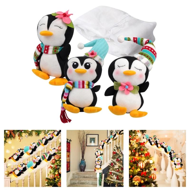 Christmas Riling Decors Three Penguins Plush Figures Child Safe Materials Easy Setups System Holiday Stair Decors