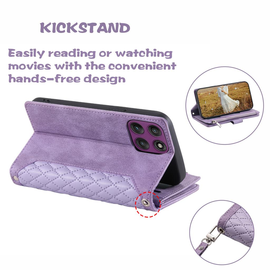 For Motorola Moto G56 5G Wallet Case Rhombus Stitching Line PU Leather Phone Cover with Wrist Strap