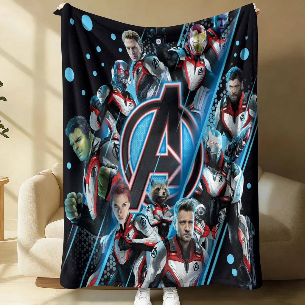 Styl Tech Avengers Koc Flanelowy Miękki Ciepły Puszysty Kocyk Pokrowiec na Sofę Kanapę Łóżko Niebieski Piksel & Nadruk Bohaterów Lekki Kocyk na Drzemkę