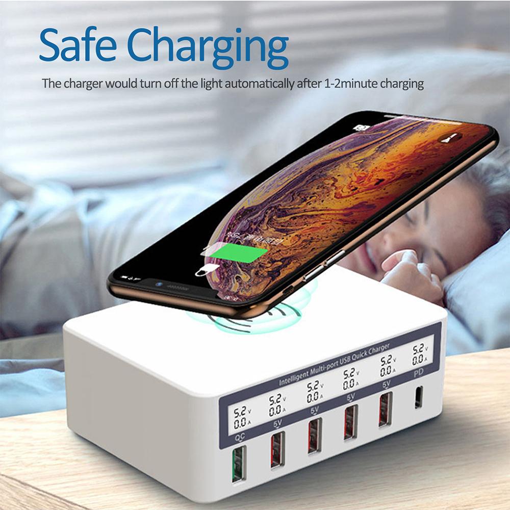 USB PD QC Charger Adapter Wireless Charger 6 Ports Fast Charging Station for IPhone 16/15/14 Pro Max IPad, Samsung Huawei