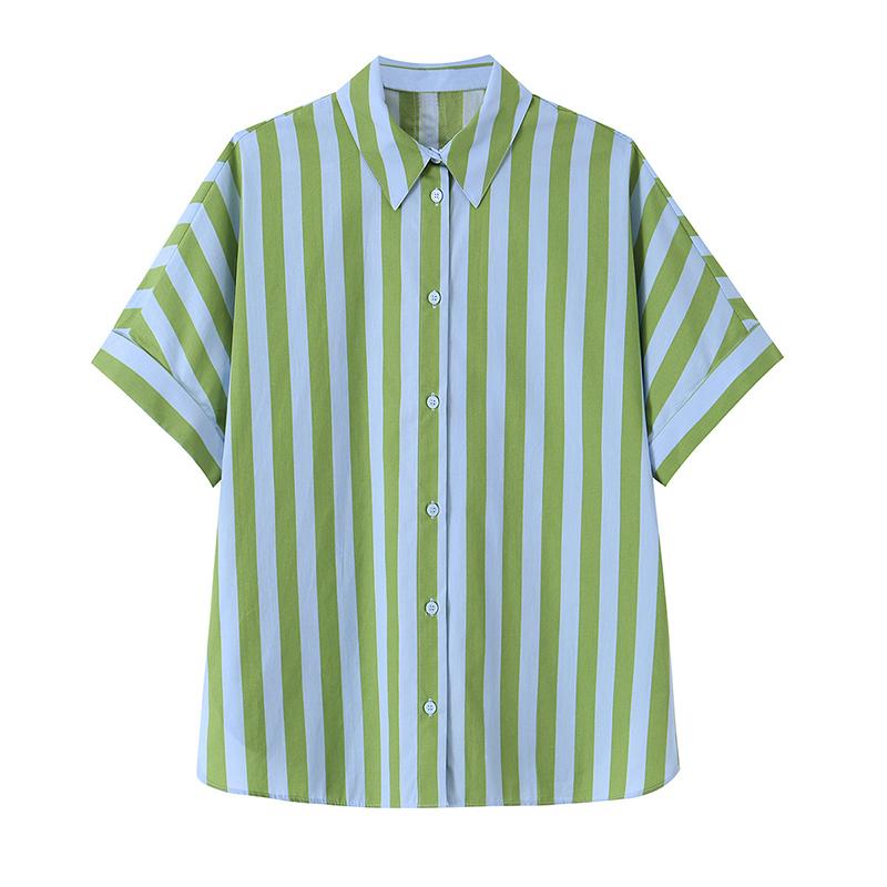 Women Fashion Green Striped Single Breasted Blouse Vintage Lapel Neck Short Sleeves Female Chic Lady Shirts
