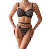 Women’s Summer Sexy Lingerie Set, Mesh Push-Up Spaghetti Strap Bra with Heart Bow, Metal Ring Garter Belt and Panty