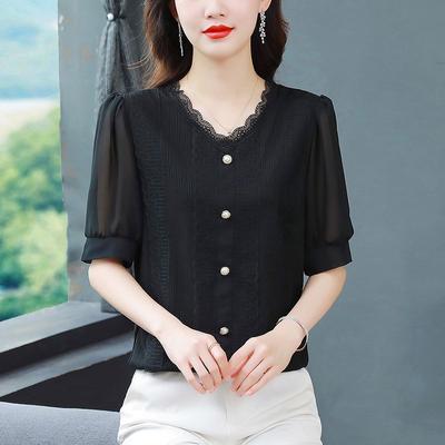 Ice Silk Shirt Women's Short Sleeve Blouse Summer New Loose Fashion Versatile V Neck Lace Stitching Bottoming Top M-4XL