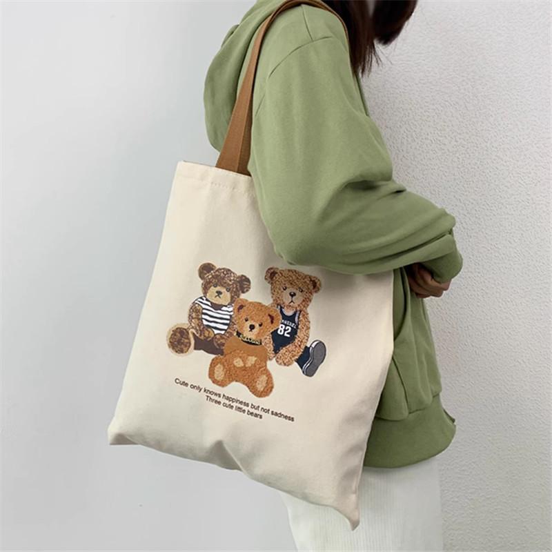 Cute Carto Bear Print Canvas Tote Bag, Large Capacity Handbag Women Shoulder Bag, Literary Teen Student School Bags Handbag