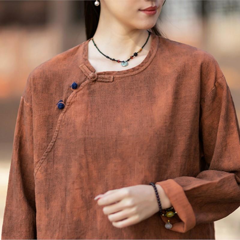 Johnature Dames Vintage T-shirts Lente Chinese Stijl Tie-dye T-shirts Ronde Hals Lange Mouw Dames T-shirts