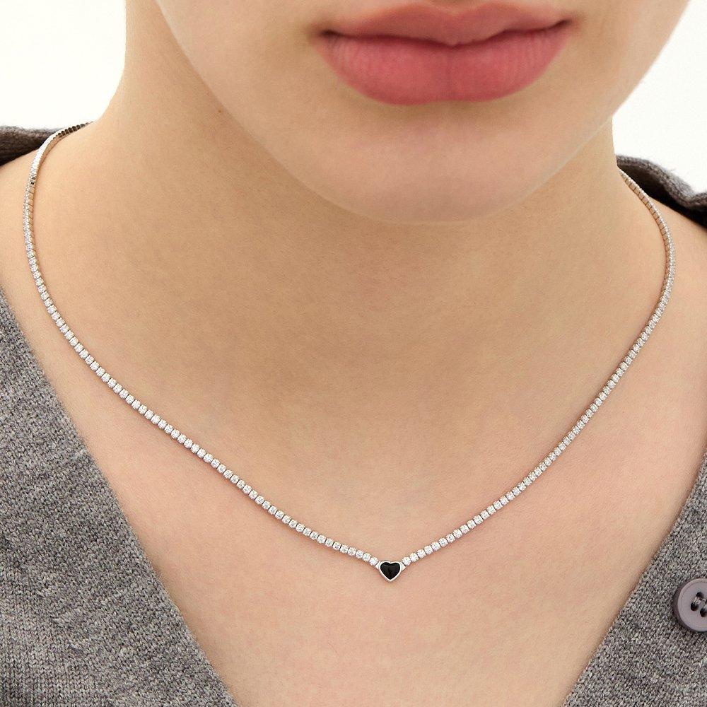 Essence Silver (W) Tennis Heart Necklace Onyx Black New Hl4N46401W9420