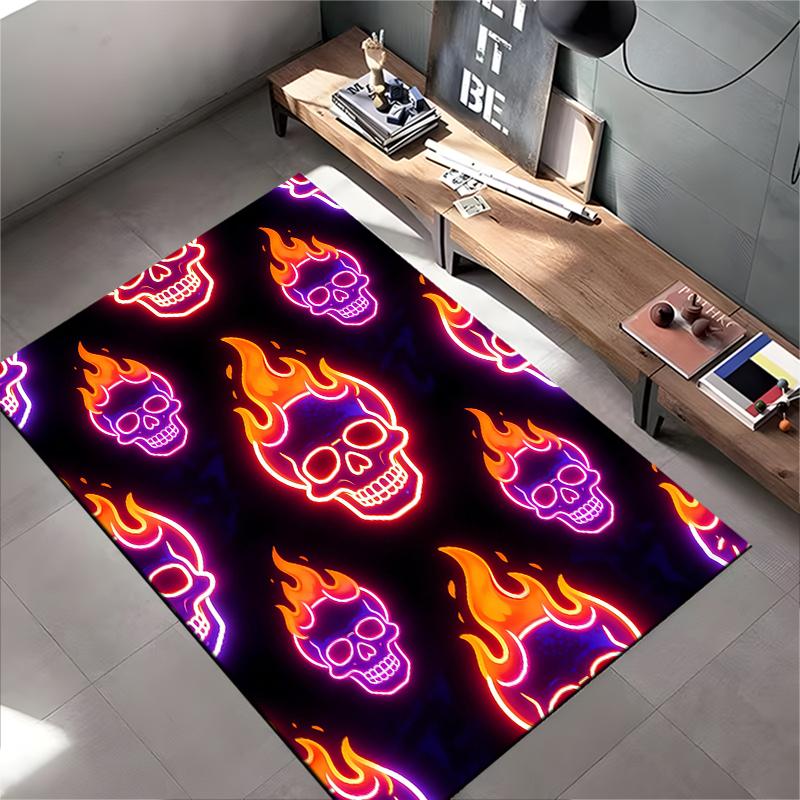 "Flaming Skull Neon Art Carpet, Bright Modern Decor, Black Base" Suitable for use as an anti-slip for living room bedroom sofas