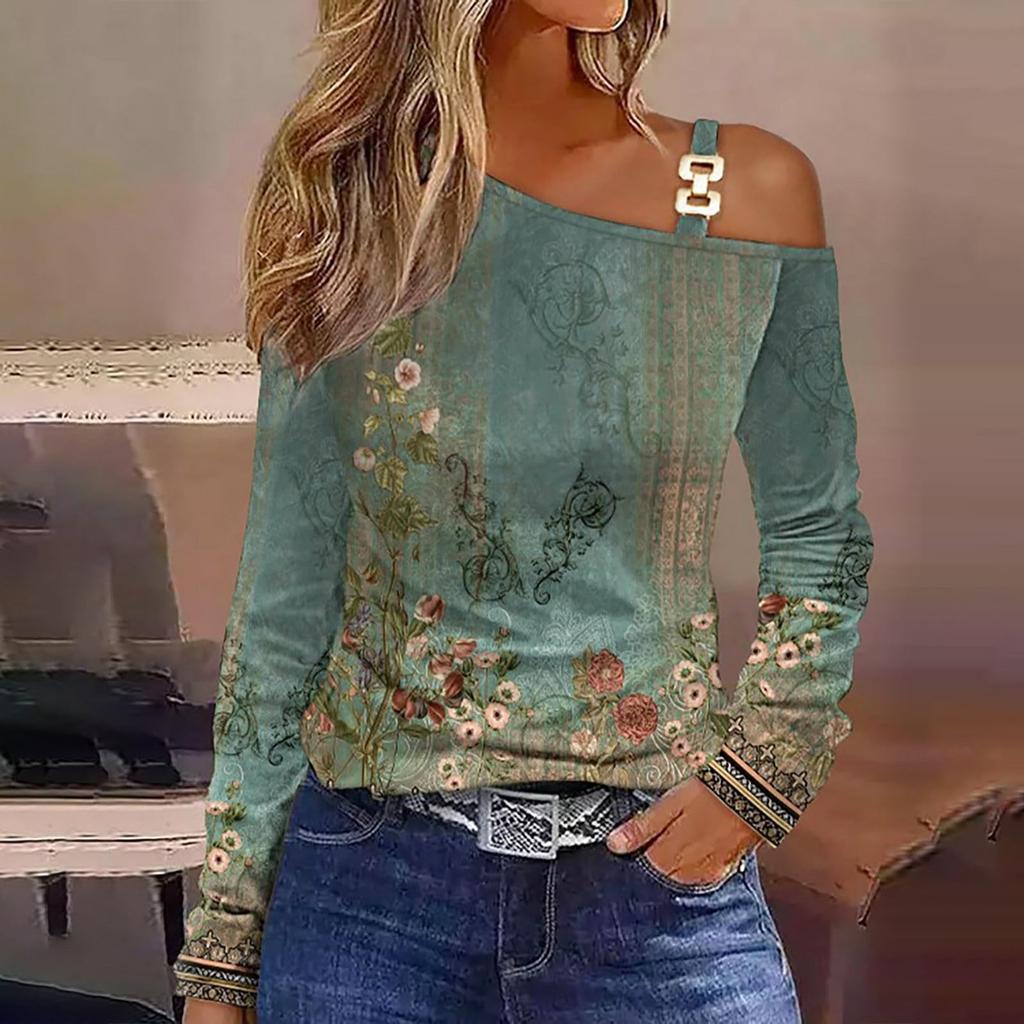 Women's Fashion Casual Printed Skew Collar Lace Stitching Off-Shoulder Long Sleeve T-Shirt Top