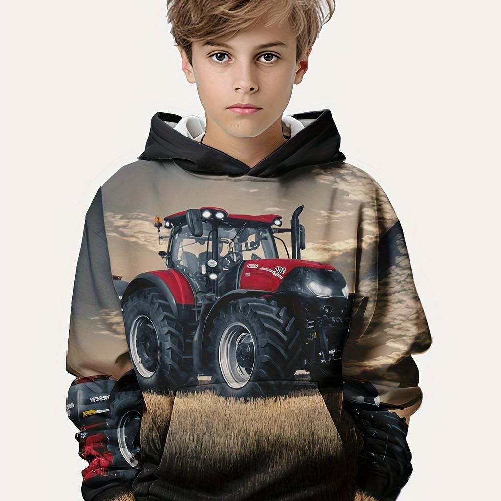 Chlapecké mikiny s 3D tiskem na farmářský traktor – neformální grafický design se strečovou látkou pro pohodlné nošení na jaro/podzim
