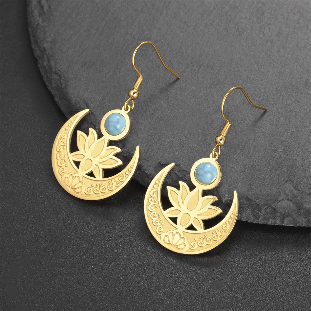 My Shape Flower Lotus Moon Earrings for Women Stainless Steel Dangle Earrings Flower Drop Earring Jewelry Chakra Healing Amulet