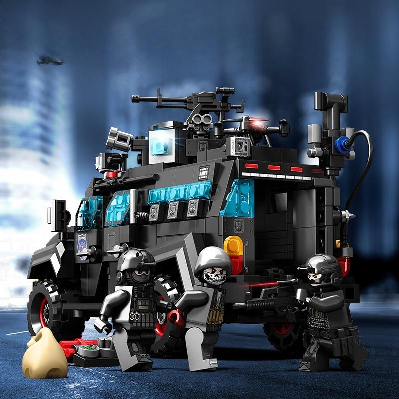 721pcs City Series Black Special Police Armored Vehicle Patrol Car Building Block Toy