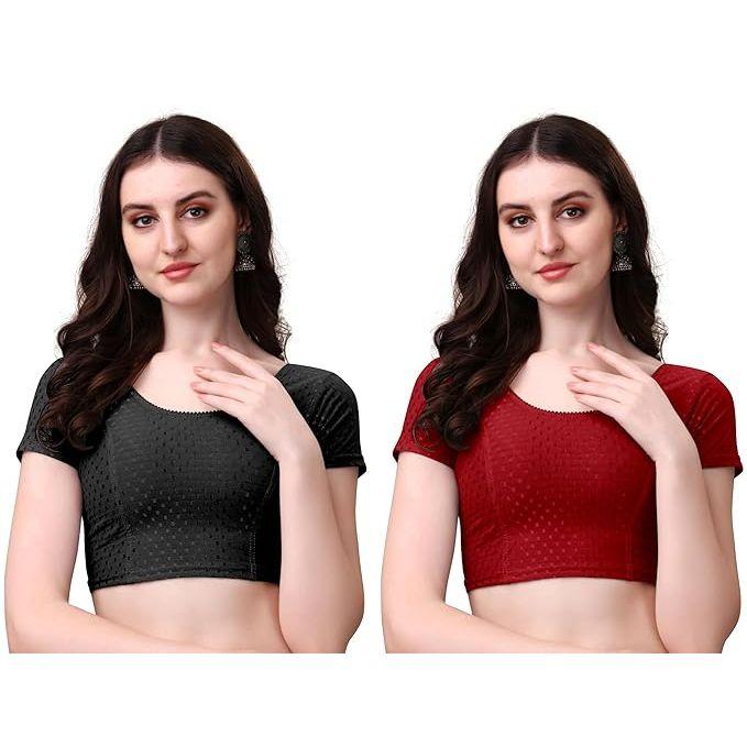 Women’s Cotton Saree Blouse Combo | Ready-to-Wear Round Neck Stitched Blouses | Soft Dobby Stretch Fabric | Party, Festive