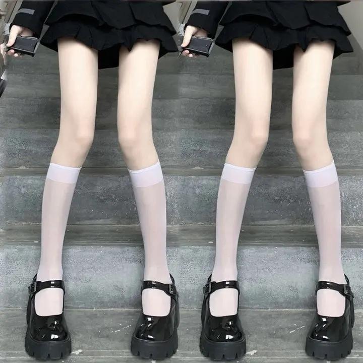 Lolita Summer Nylon Floral Lace Trim Calf Socks Ultra-Thin Transparent Sheer Knee High Socks Jk Girl Women Long Kawaii Stockings