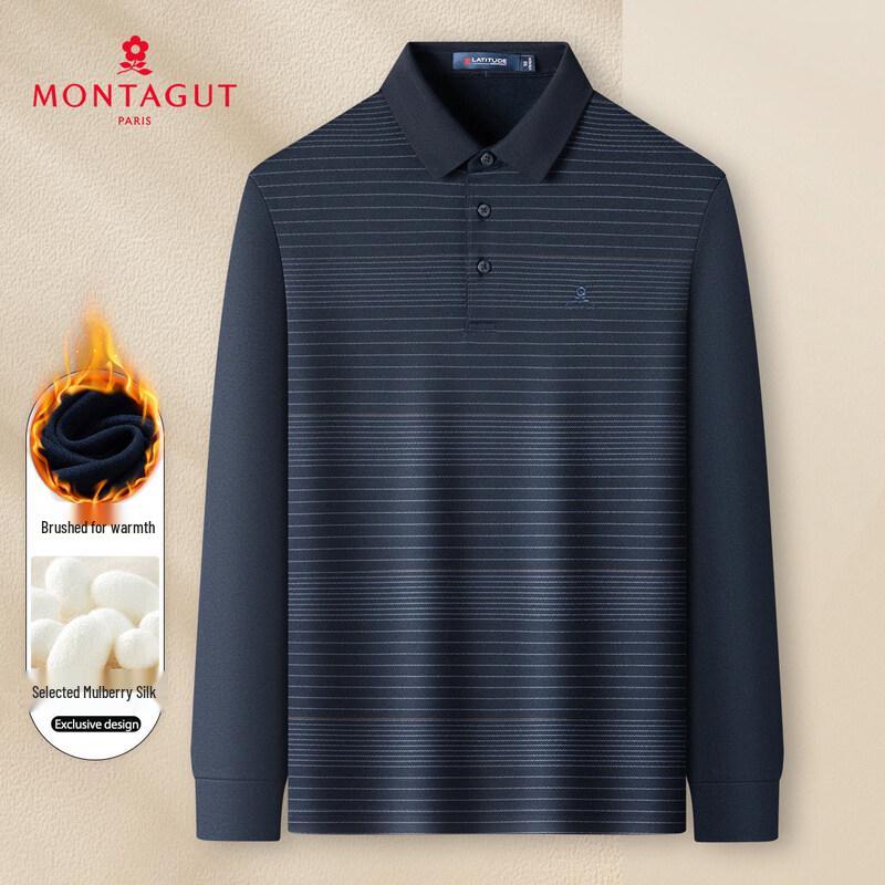 MONTAGUT Men s Silk Blend Brushed Striped Long-Sleeve Polo Shirt