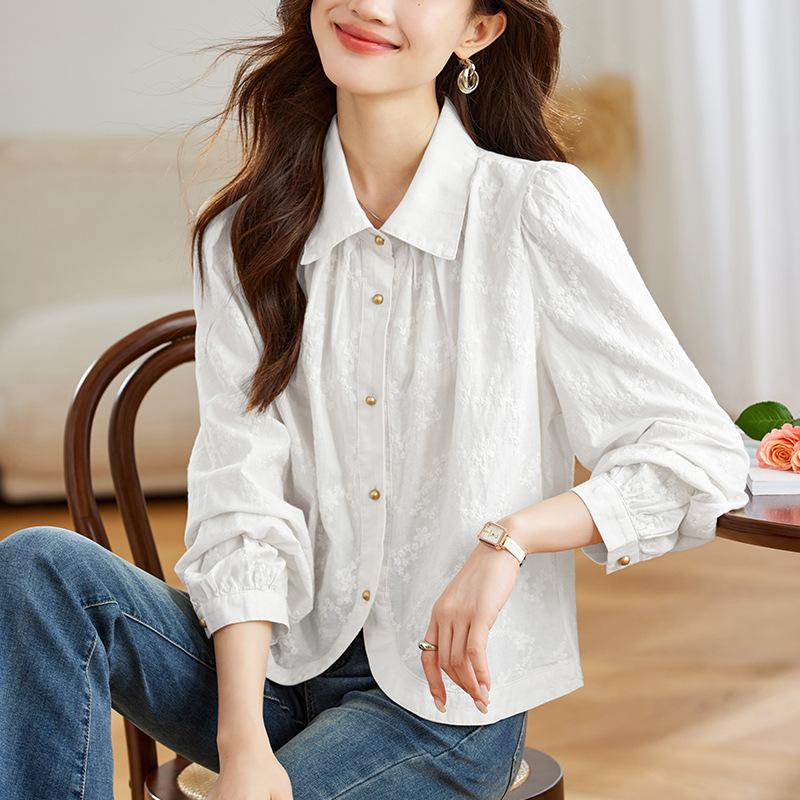 French Gentle Style Pure Cotton Embroidered Shirt for Women In Spring and Autumn Design Niche Slim Fit Top for Women