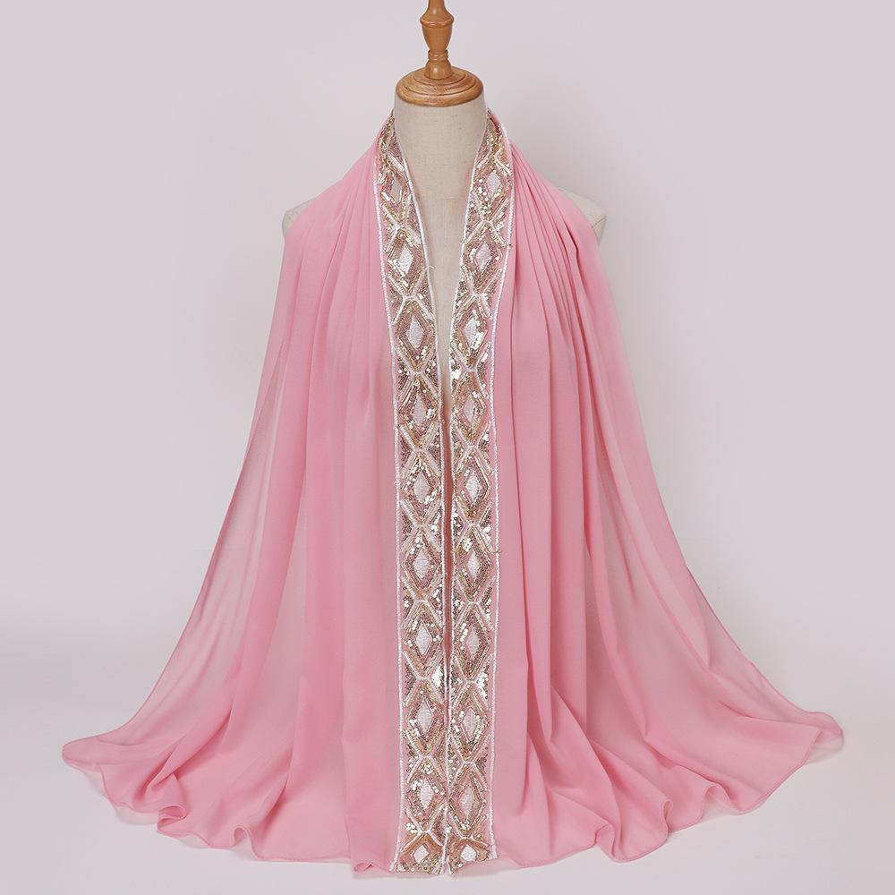 New Pearl Chiffon Embroidered Sequins Decorative Wrap Headscarf, Malaysia Indonesia Fashion Lace Ladies Scarf