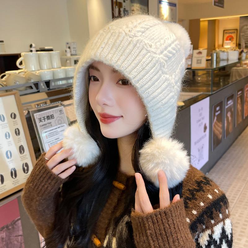 Cute Hairball Hat Women's Thickened Warm Ear Protector Knitted Hat Fashionable Solid Color Casual Wool Hat