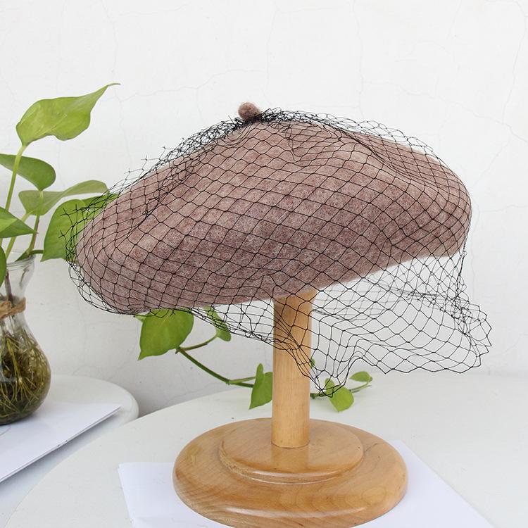 Autumn And Winter Woolen Painter Hat British Retro Lace Mesh Beret Women'S Elegant Fashion Hat