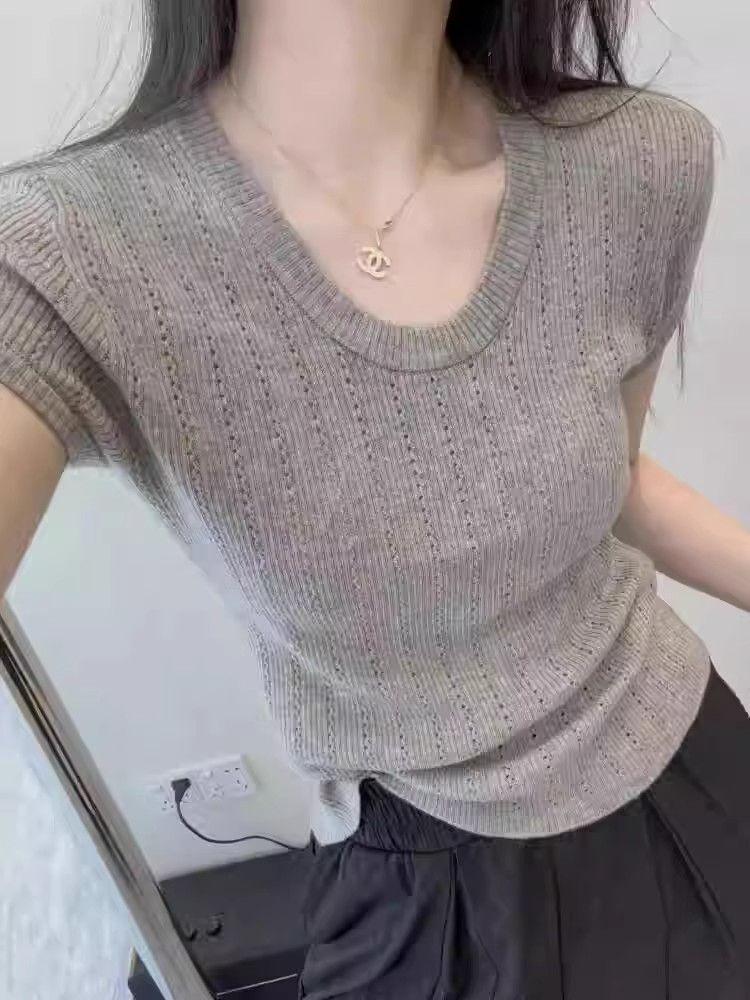 U-Neck Ice Silk Short-Sleeve Women's Summer Knit Top - Slim Fit, Elastic, Breathable, Hollow-Out Design