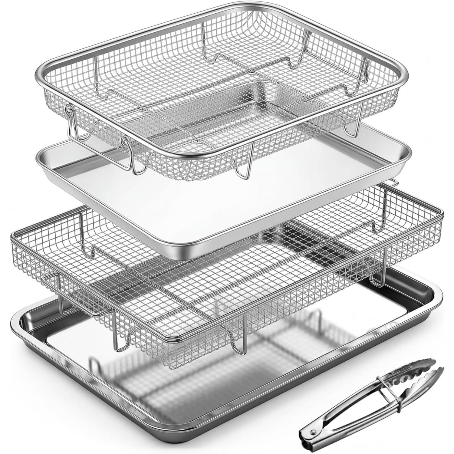 Air Fryer Basket Set for Oven — 2-Pack, 25% Thicker Stainless-Steel Mesh Crisper Trays with Magnetic Cheat Sheet; Nonstick, Dishwasher-Safe Air Fryer 2-Pack серебряный