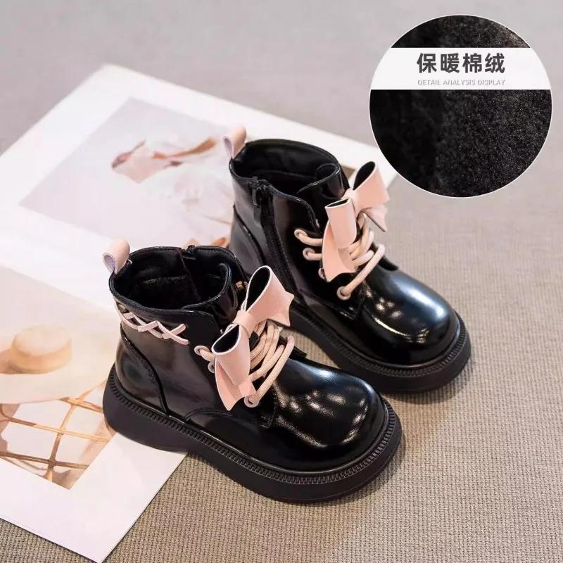 Princess Girl Boots Fashion Versatile Short Boot New Autumn Kids Shoes Shoelaces Velvet Sweet Girls Shoe Warm Velvet Ankle Boot