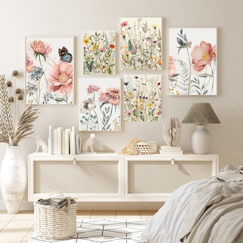 Modern Scandinavian Wild Flowers Leaves Botanical Nature Posters Watercolor Canvas Painting Living Room Bedroom Wall Art Pictures Home Decor