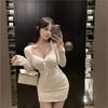 Pure Desire Spice Girl Drawstring V-neck Long-sleeved Dress Women's Spring and Autumn New Temperament Slim and Thin Hip Skirt