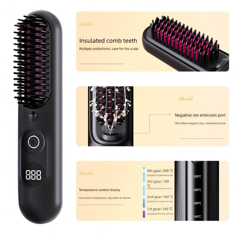 Cordless Hair Straightener USB Rechargeable Straightening Brush 4 Temp Settings Rechargeable Straight Hair Comb