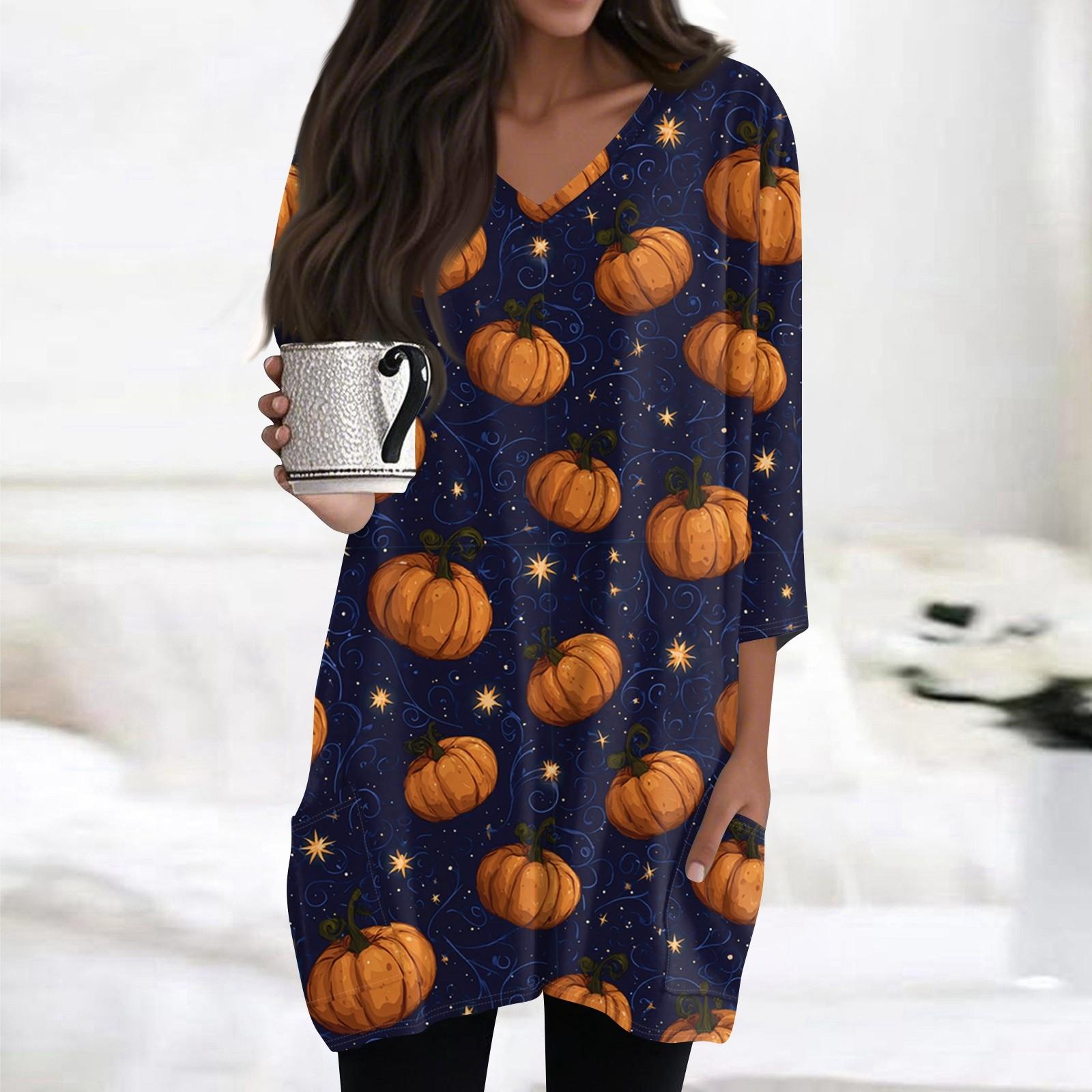 

Womens s Fashion Casual Halloween Print V-neck Mid Length Pocket 3/4 Sleeve Top XXL