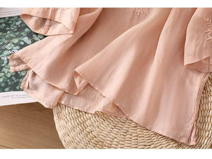 2025 Summer Women's V-Neck Cotton Linen Embroidered Loose Short Sleeve Plus Size Top