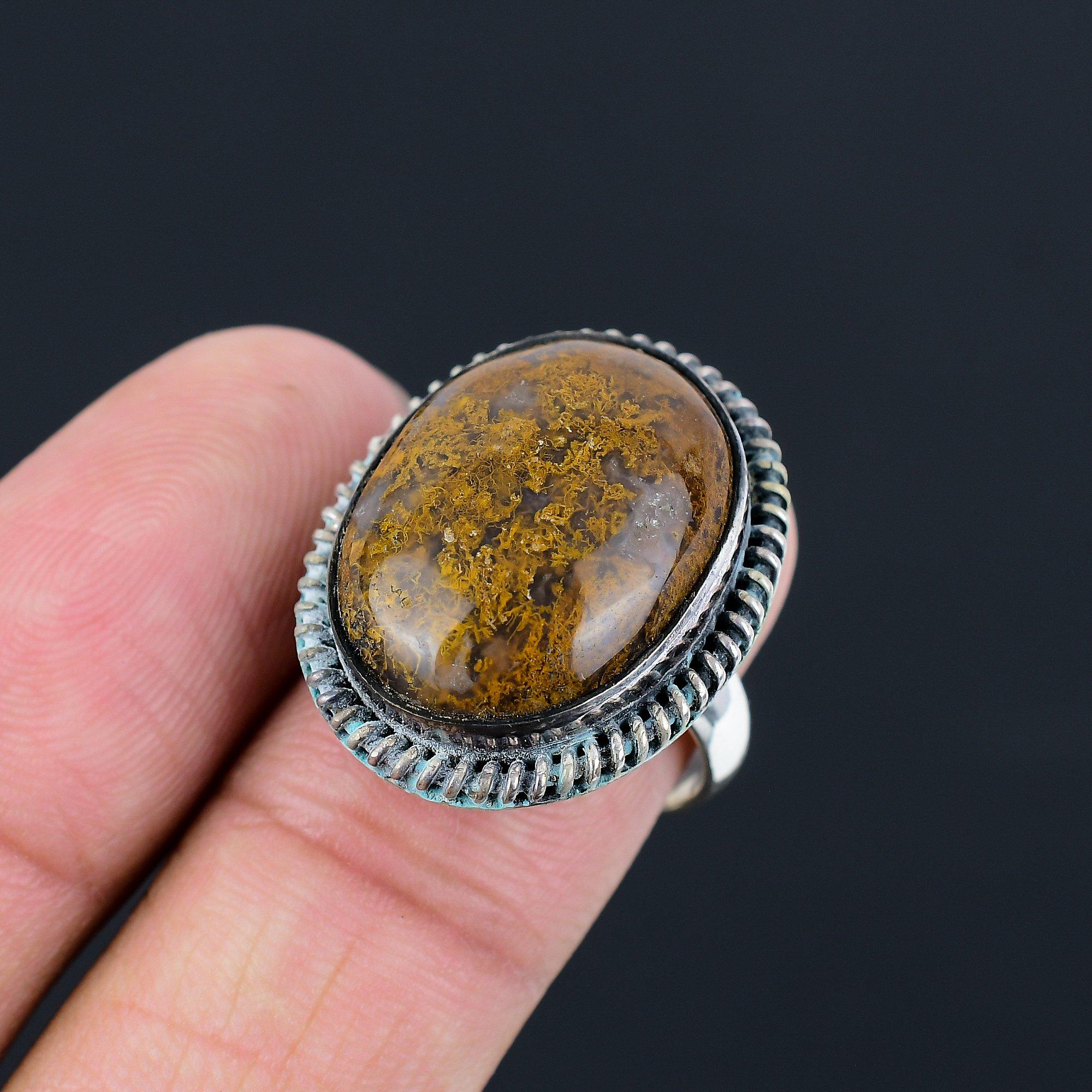 Natural Plume Agate Elegant Solitaire Ethnic Ring Size 8.5 925 Sterling Silver 8.5