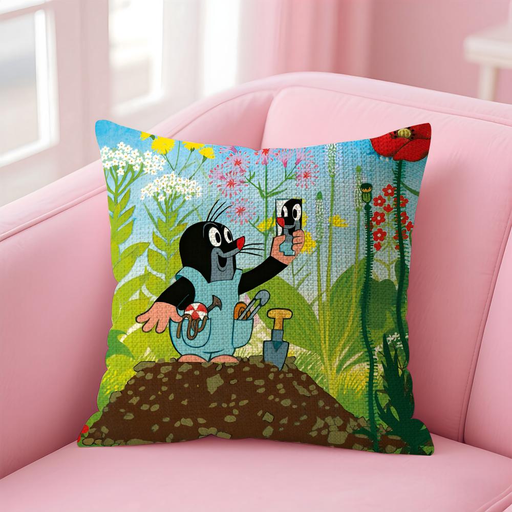 TThe LittleE Mole Cartoon Cushion Cover Natural Linen Pillow Case DoubleSided Print Decorative Sofa Pillowcase Home Decor Gift
