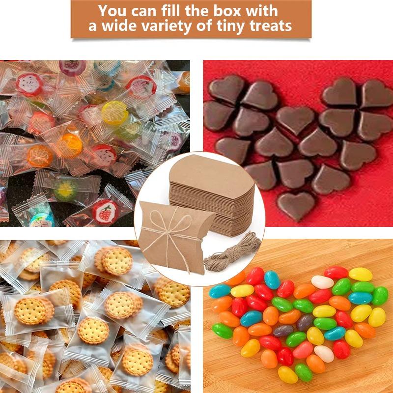 50/100PCS Pillow Paper Box Used for Wedding Party Gift Candy Boxes Home Birthday Kraft Paper Packaging with Jute String