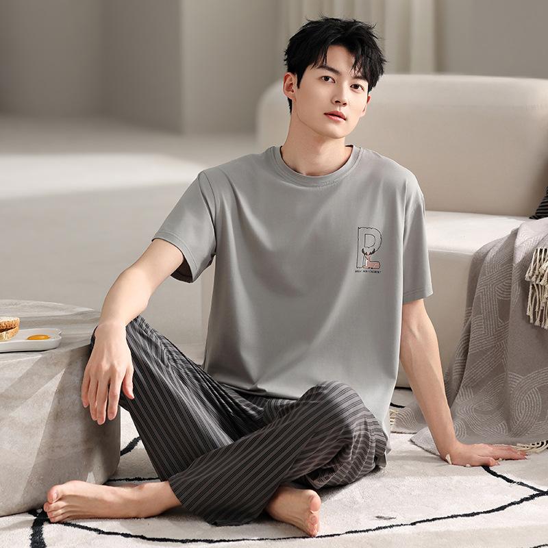 Men's pajamas summer cotton short-sleeved trousers 1011 new thin youth large-size loungewear suit