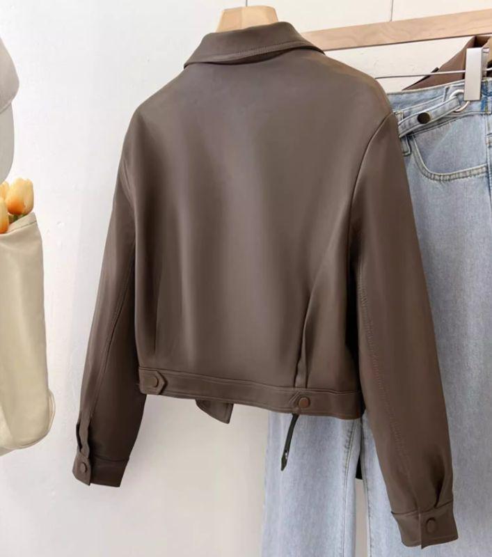 2025 Autumn Women's Petite Slimming Leather Jacket with Versatile Lapel Design