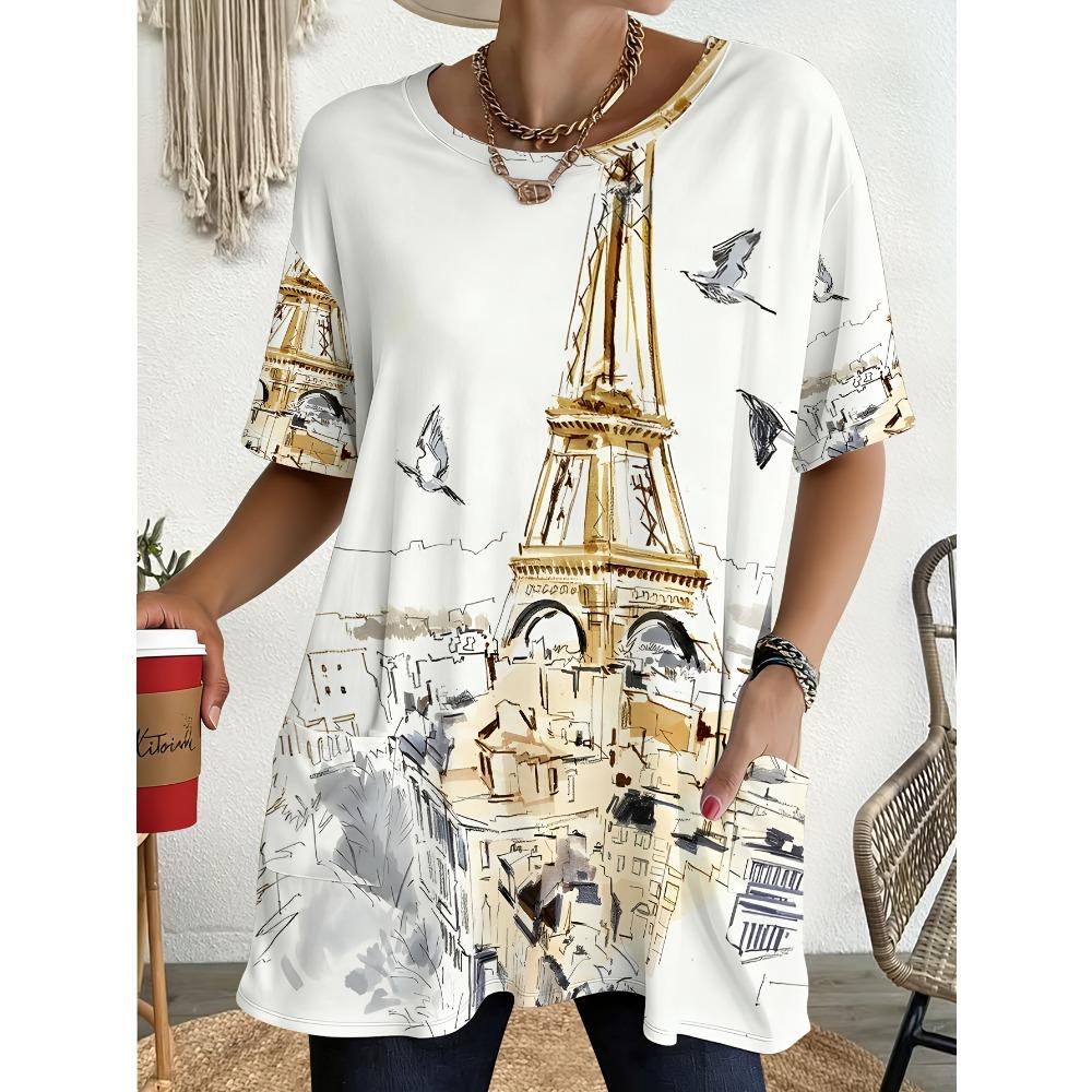 Women French Eiffel Tower Birds T-Shirt Paris Print Pocket Top, Breathable Round Neck Summer S