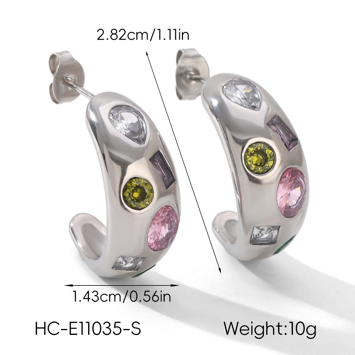 

Inlaid Colorful Zircon Vintage Hoop Earrings Fashionable Versatile C-shaped Ear Jewelry Stainless Steel Accessories серебряный