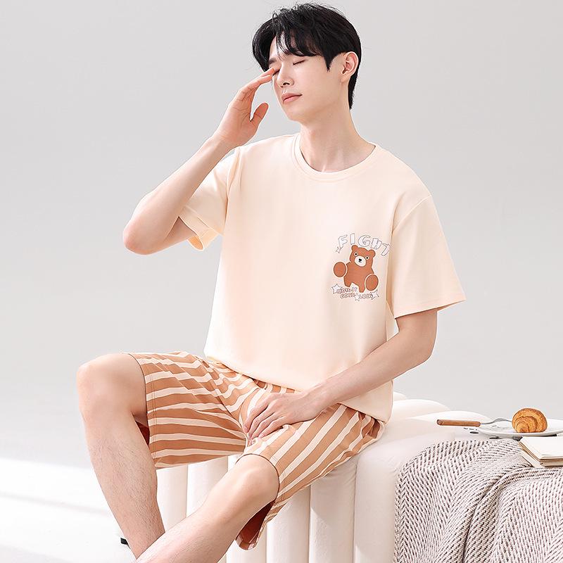 Couple's Summer Cotton Pajama Set: Cute Short Sleeve & Shorts for Women, Wear-Outside Style for Men.
