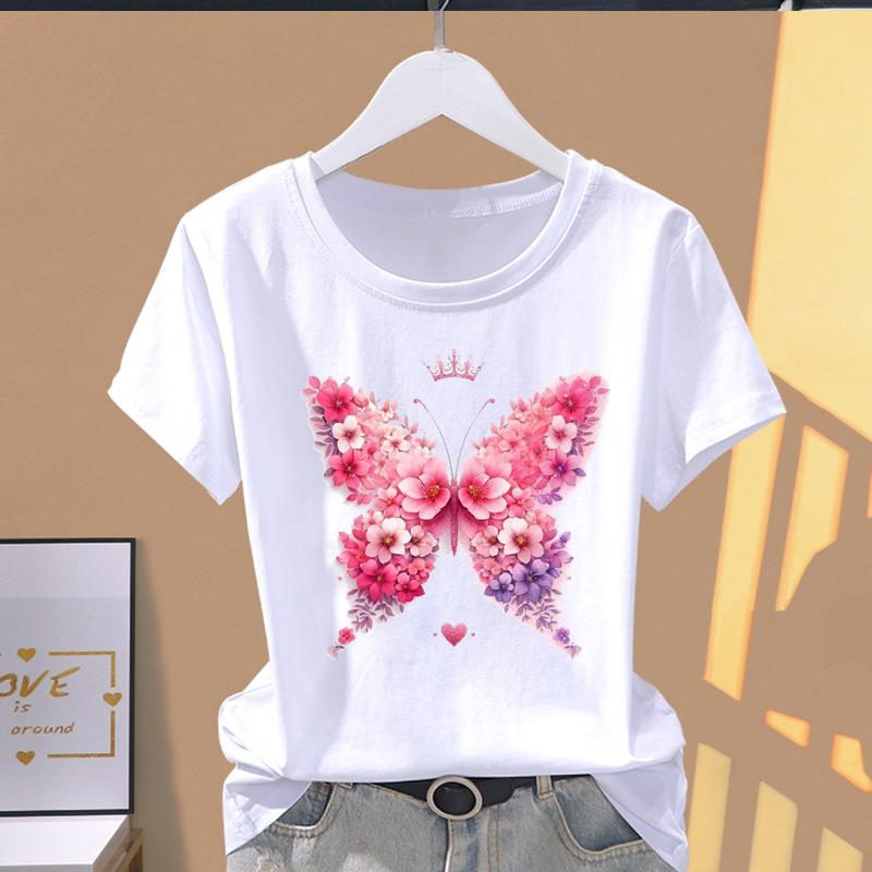 

(Asian Size) watercolor lovely butterfly Clothing Print Graphic Tee Female Casual Fashion T Women s Top Short Sleeve T-shirts 5XL