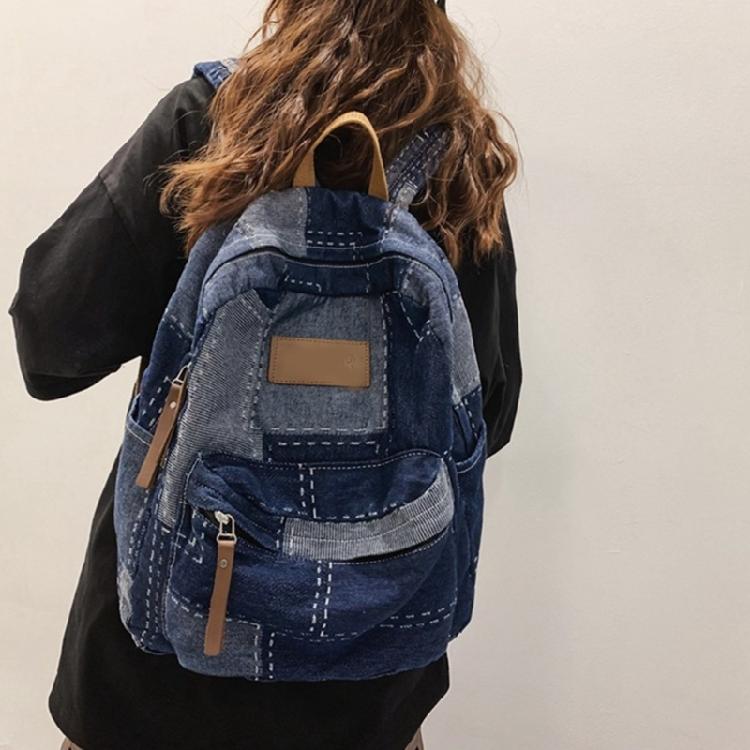 Student School Bag Denims Patched Backpack Girls Aesthetic Backpack Travel Bag Large Capacity Casual Daypacks