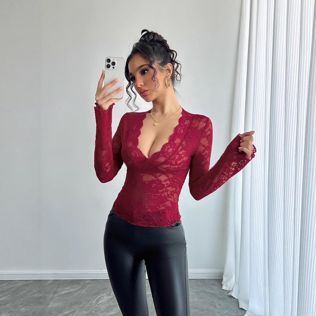 Fall/Winter New Style Solid Color Sexy Lace Tight V-Neck Long-Sleeve T-Shirt Women's Top