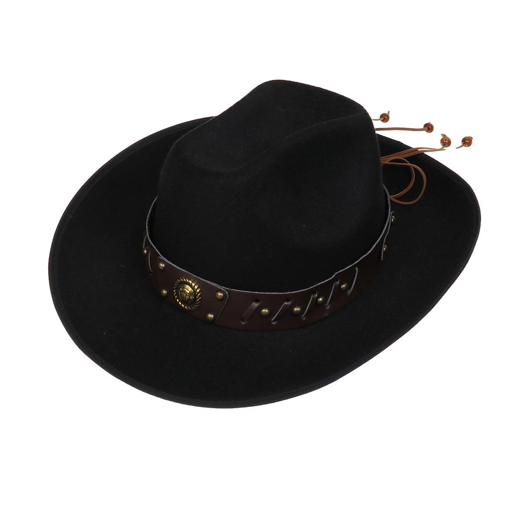 Unisex Western Cowboy Hat Wide Brim Roll‑Up Brim Double‑Top Felt Fedora Hat,10 Colors,Multiple Optional Detachable Hat Bands
