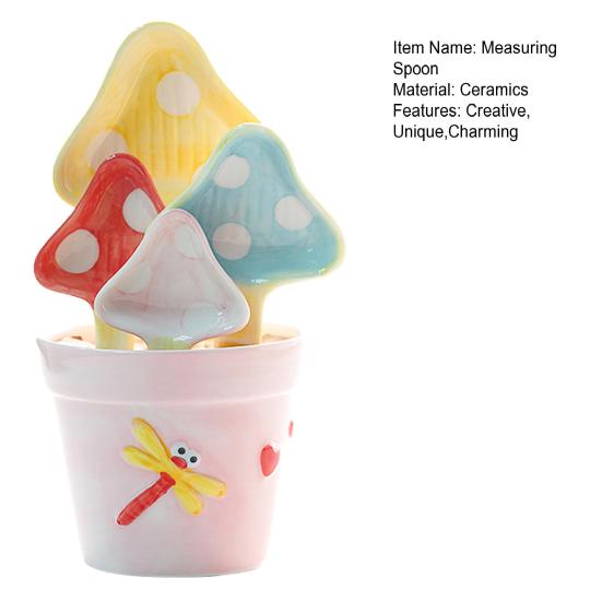 4Pcs Ceramic Measuring Spoons Set, Flower Pot Shape Spoon Holder with Mushroom Spoons, Cute Kitchen Tool for Rice Baking, Valentine's Gift for Her