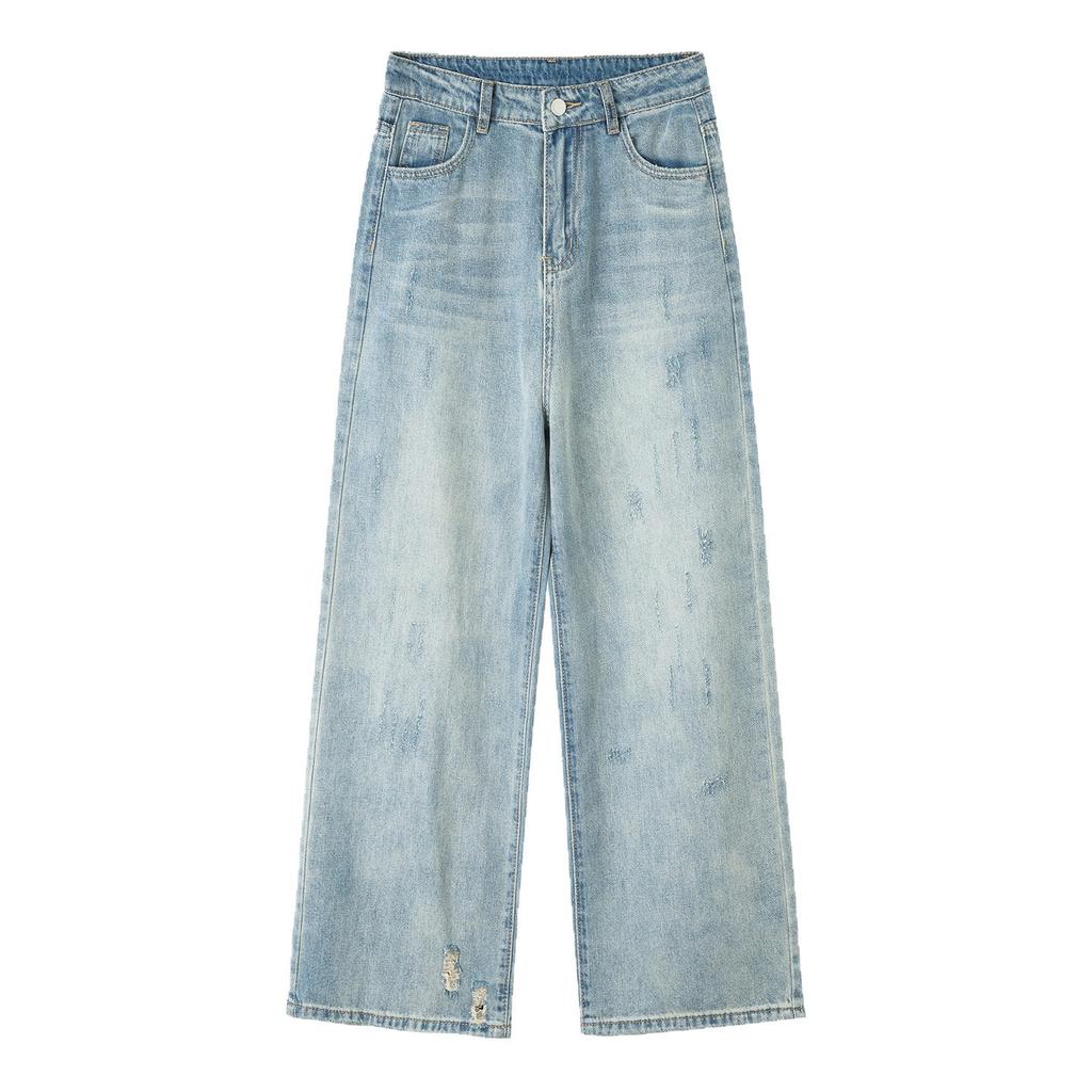 Light Blue Washed Wide-leg Jeans Women's Summer New Thin Drape Worn Design Mopping Pants Trendy