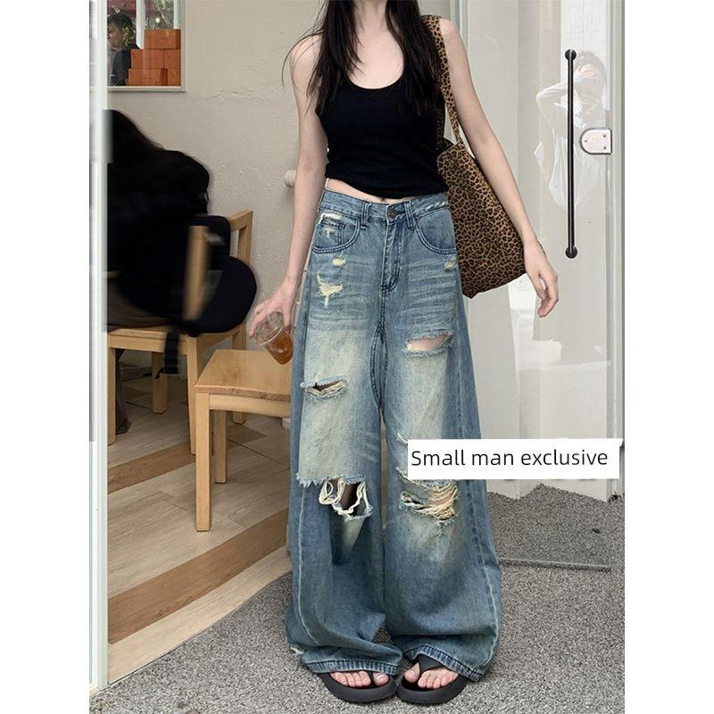 Retro Ripped Wide-Legged Denim Women's Summer American High Street Straight-Leg Pants Stylish High Waist Pants Mop Trousers