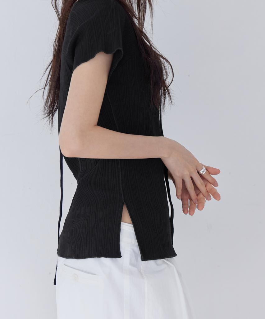 Leondeondada Pleated Pendant Boat Neck Short Sleeve T-Shirt, Black