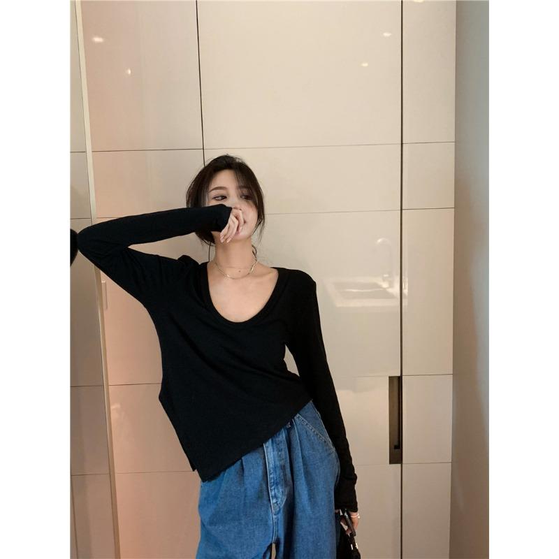 

Футболка женская тонкая сексуальная с глубоким вырезом, белая, с длинным рукавом и базовой рубашкой, осенняя, новая, тонкая 2XL